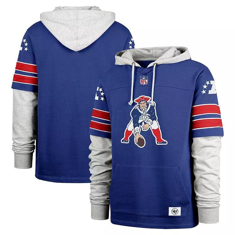 Mens 47 Royal New England Patriots Double Header Blitz Throwback Cornerback Pullover Hoodie Product Image