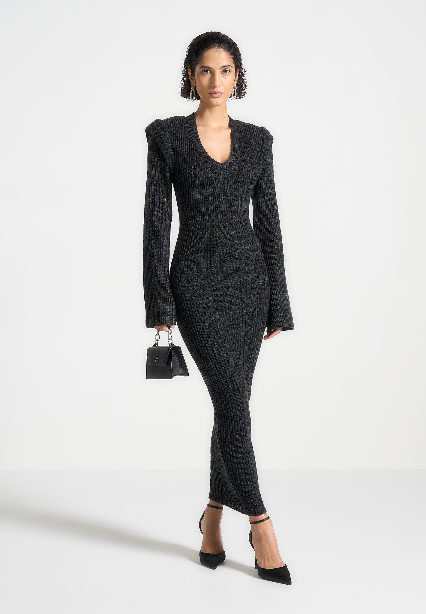 Wide Shoulder Knitted Midaxi Dress - Black Female Product Image