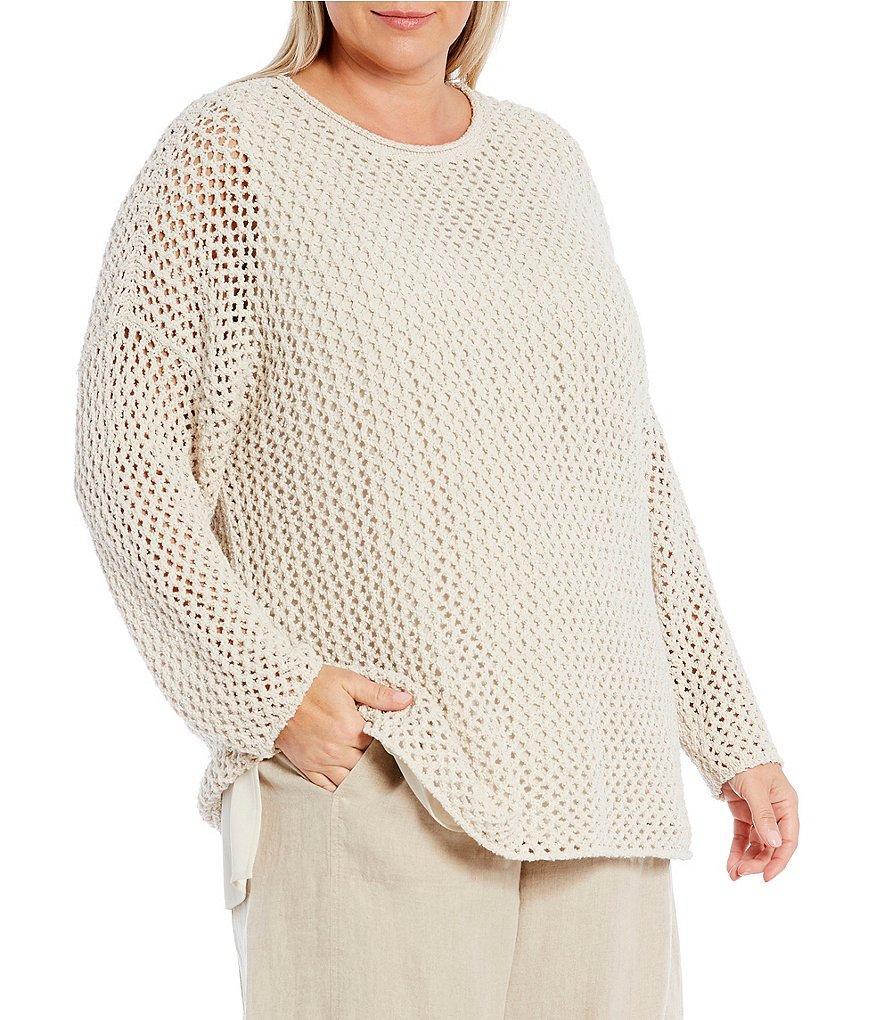 Eileen Fisher Plus Size Peruvian Boucle Organic Cotton Crew Neck Long Sleeve Boxy Sweater Product Image