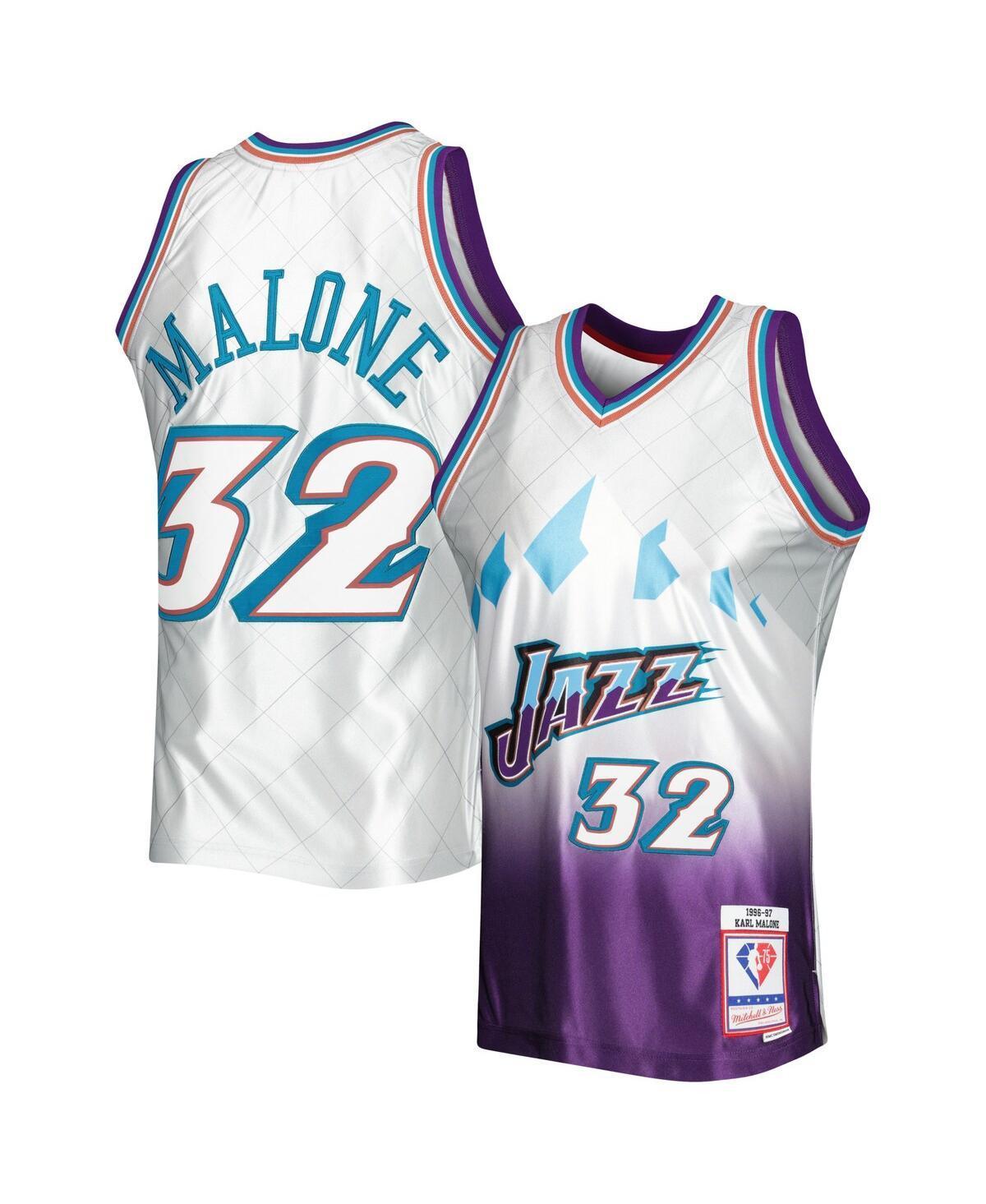 Mens Mitchell & Ness Karl Malone Platinum Utah Jazz 1996-97 Hardwood Classics 75th Anniversary Swingman Jersey - Platinum Product Image