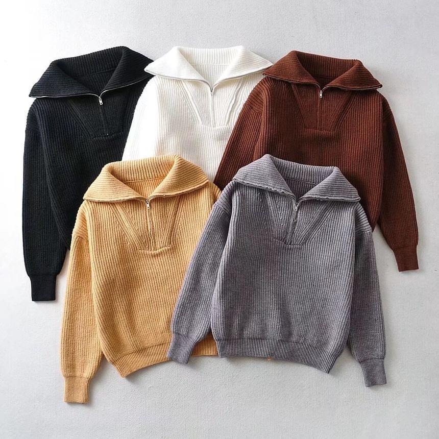 Half-Zip Plain Ribbed Sweater Product Image