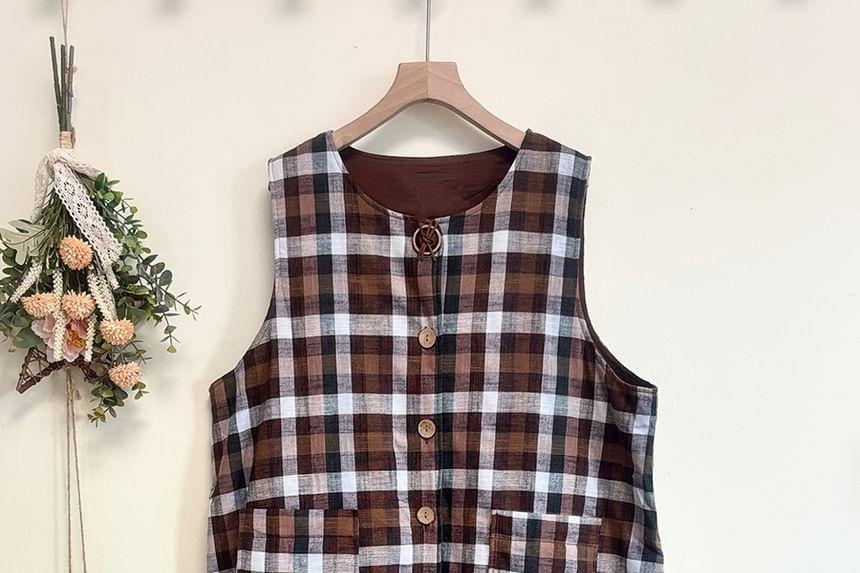 Crew Neck Plaid Button-Up Slit Long Vest Product Image