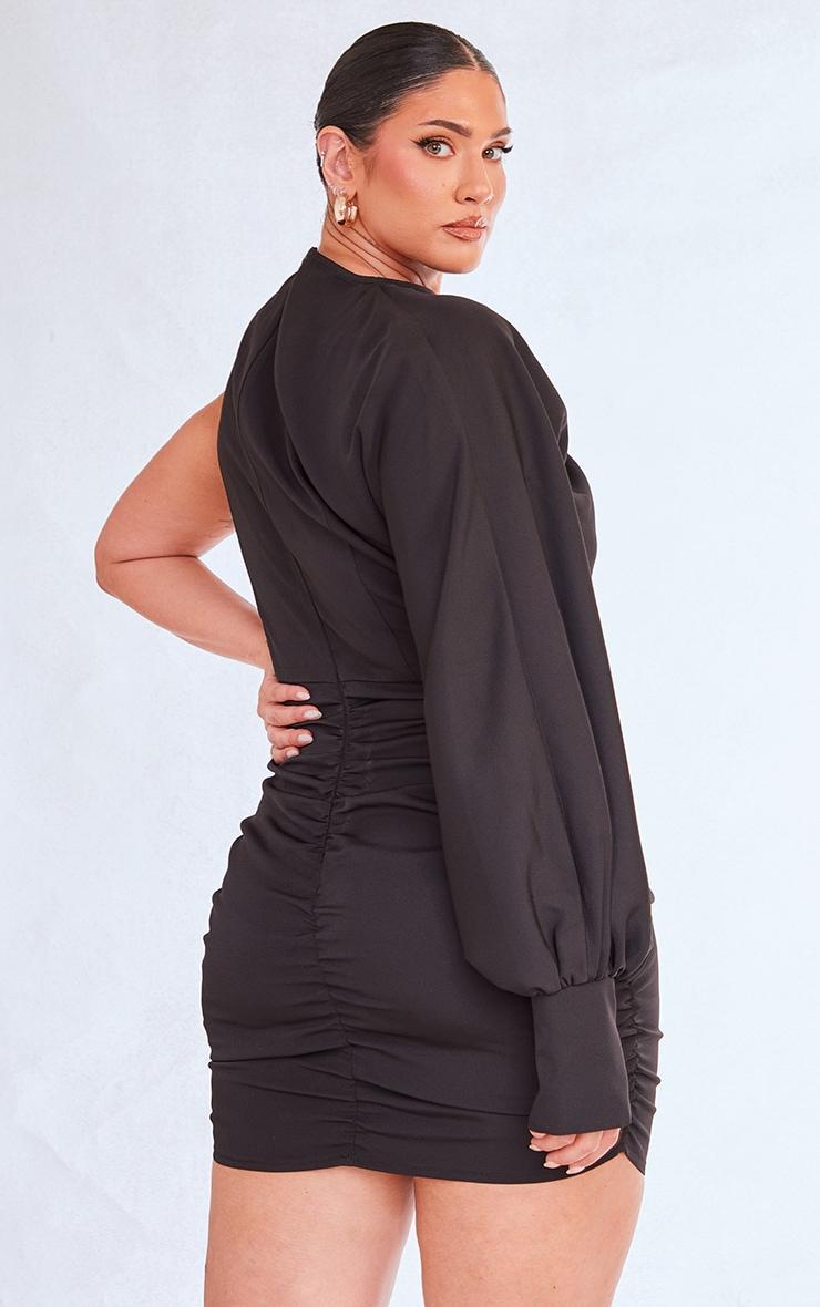 Plus Black One Sleeve Ruched Woven Bodycon Dress Product Image