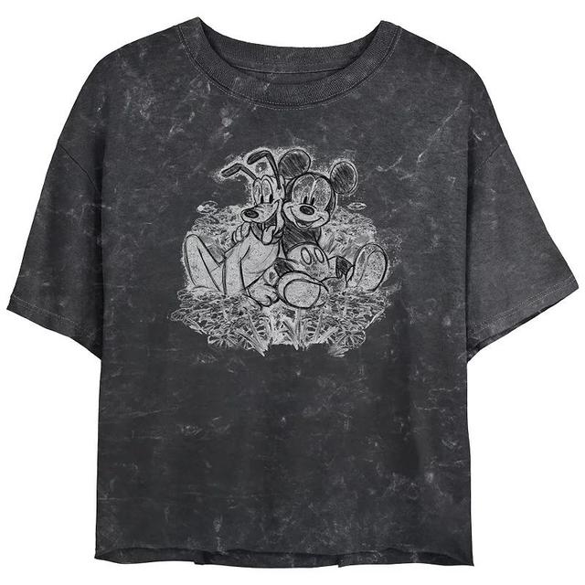 Disneys Mickey Mouse And Pluto Pencil Sketch Juniors Cropped Graphic Tee Top Mineral Wash Juniors Graphic Tee, Womens Product Image