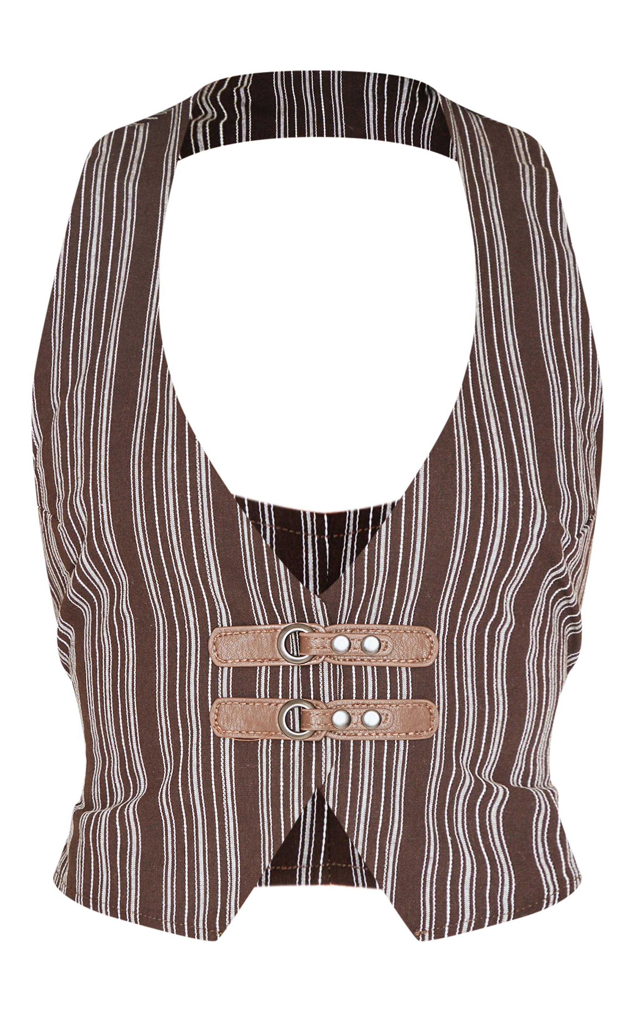 Brown Premium Woven Striped Buckle Plunge Vest Product Image