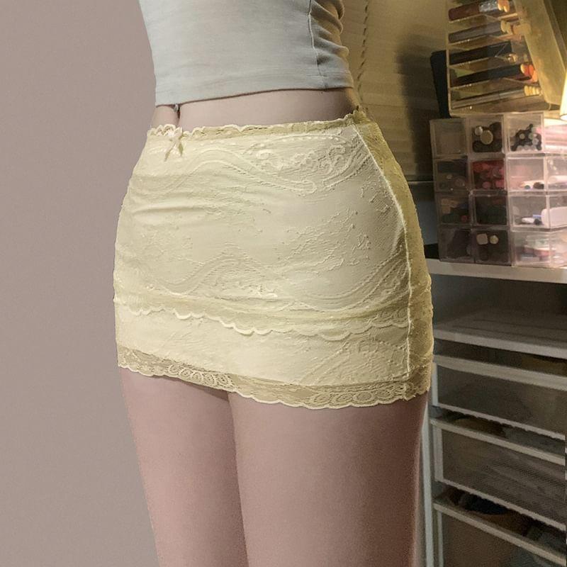 Low Waist Bow Accent Lace Mini Pencil Skirt Product Image