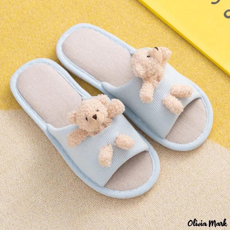 Olivia Mark – New parent-child cute cartoon creative bear home slippers breathable comfortable cotton linen slippers female Product Image