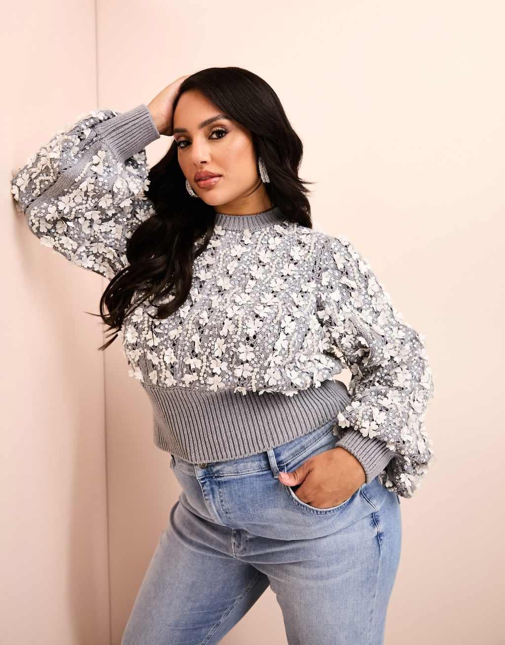 ASOS LUXE Curve embellished knit sweater with organza bow back Product Image