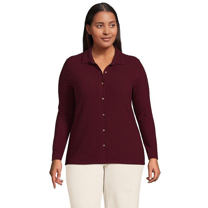 Plus Size Lands End Long Sleeve Wide Rib Button Front Polo Shirt, Womens Dark Blue Product Image