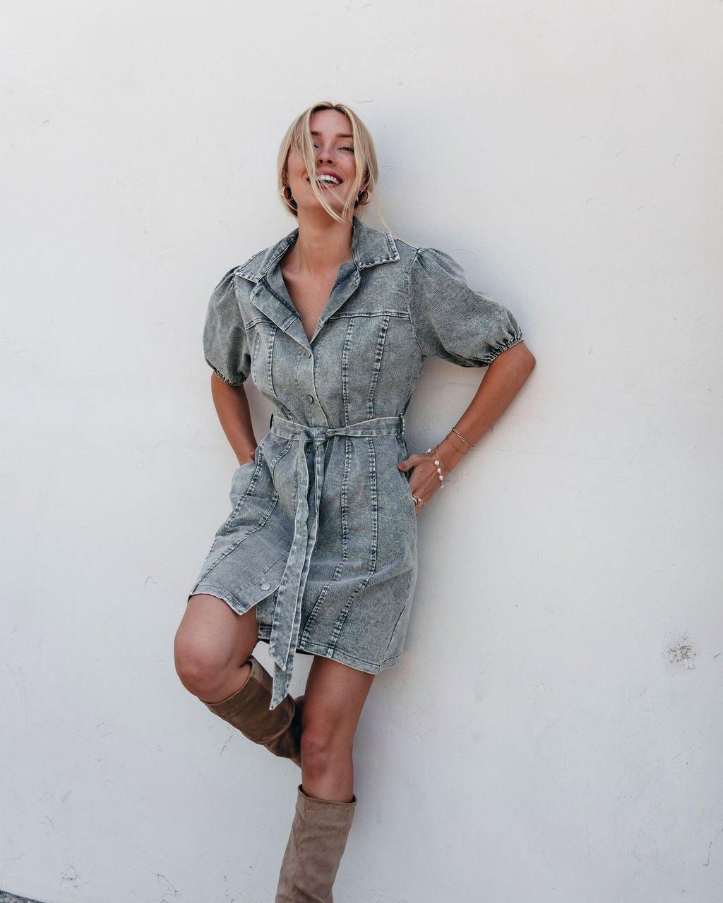 Olive Washed Button Down Mini Dress Product Image