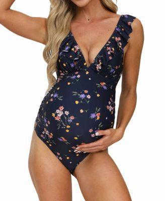 Maternity Floral Ruffled Ruched Back Tie One-piece Swimsuit Product Image