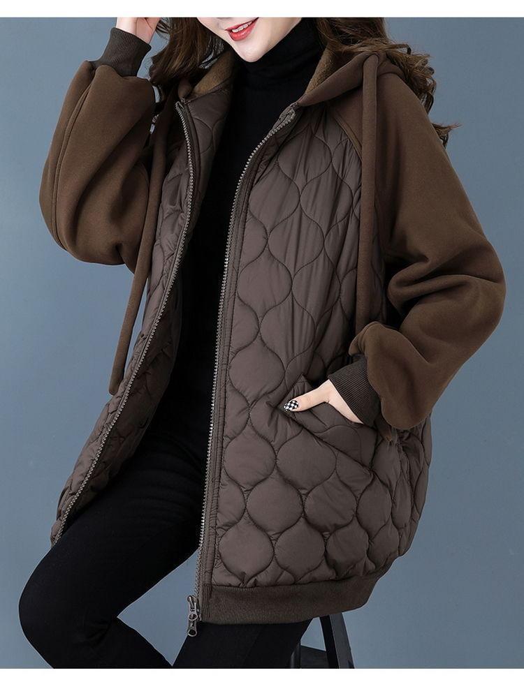 Hooded Plain Quilted Zip Up Jacket Product Image