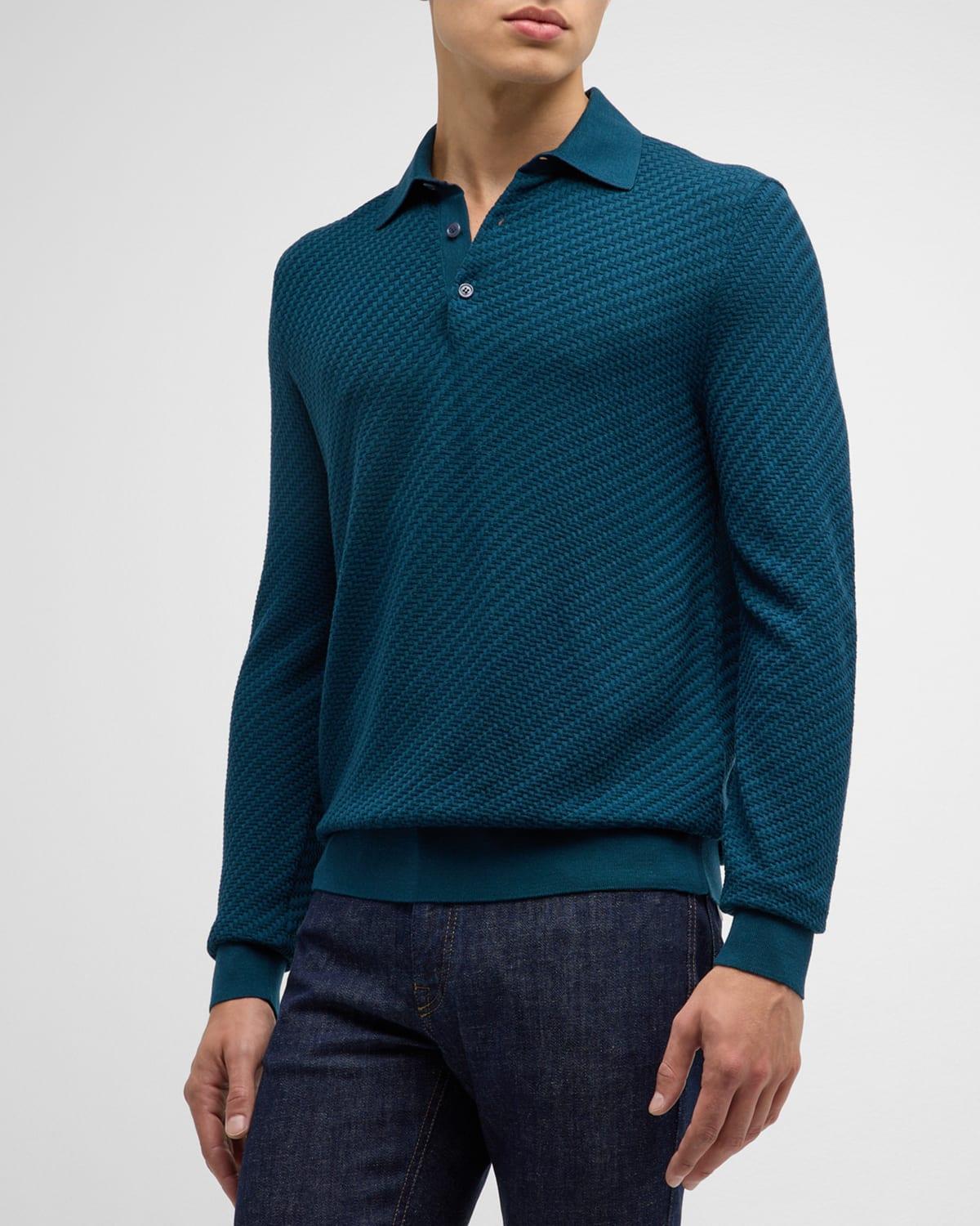 Mens Basketweave Knit Polo Sweater Product Image