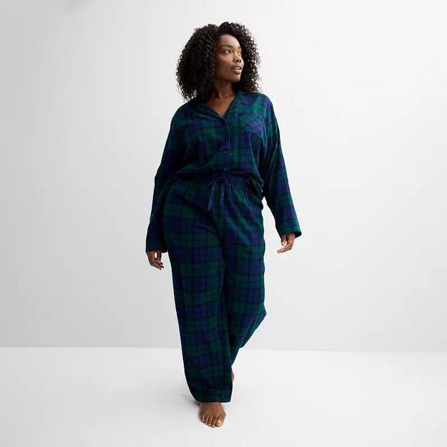 Plus Size Sonoma Goods For Life Flannel Notch Pajama Top & Pajama Bottoms Set, Womens Blue Gingham Product Image