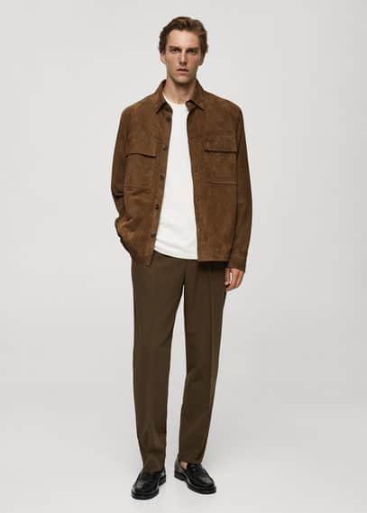 MANGO MAN - Overshirt with 100% suede leather pocket tobacco brownMen Product Image