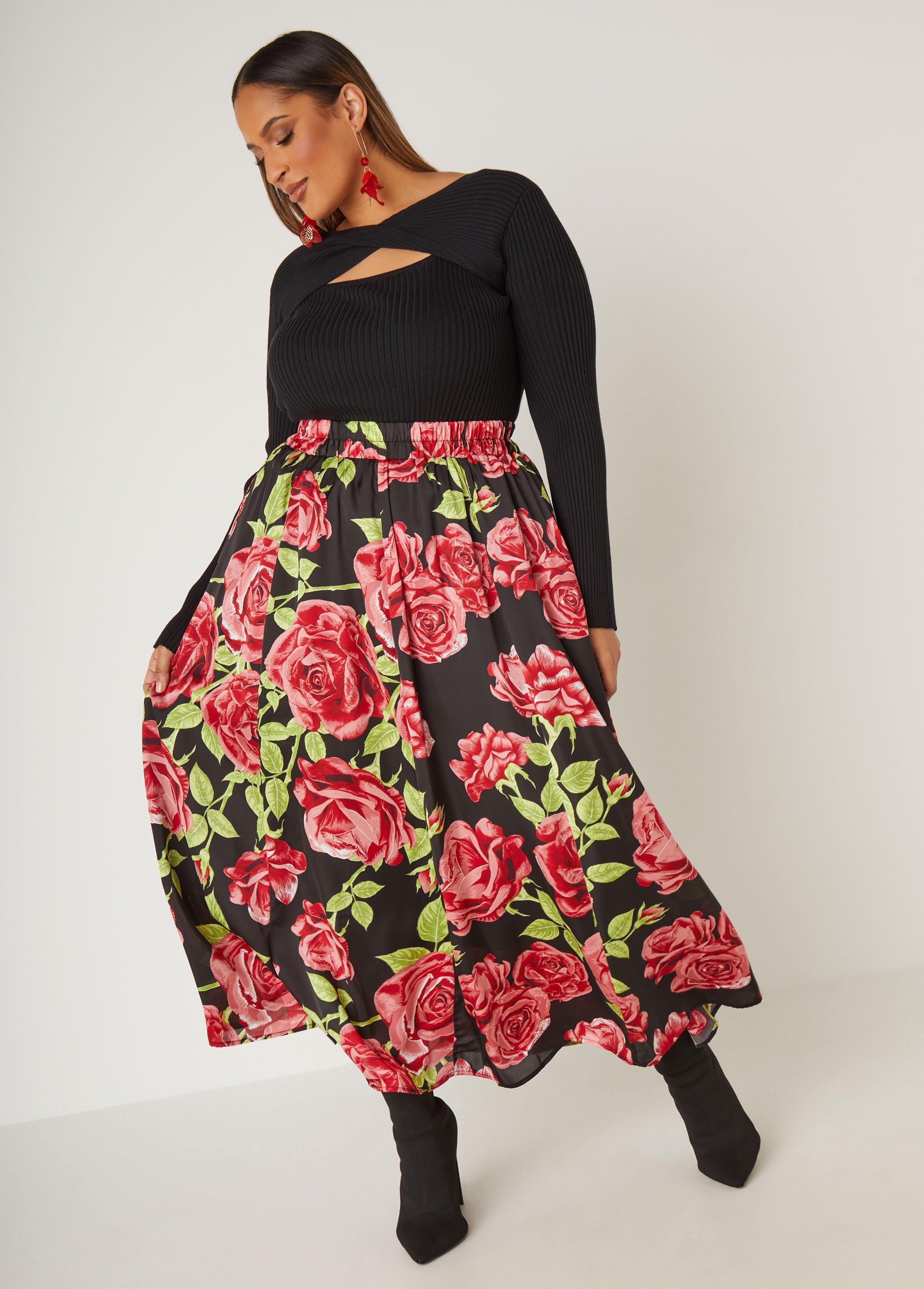 Rose Print Satin Maxi Skirt Product Image