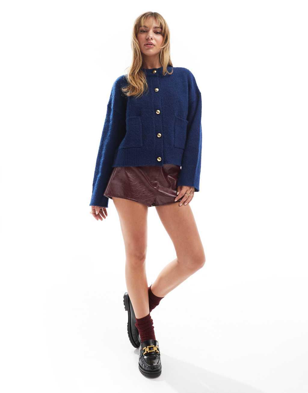 ASOS DESIGN crew neck cardigan with pockets in navy Product Image