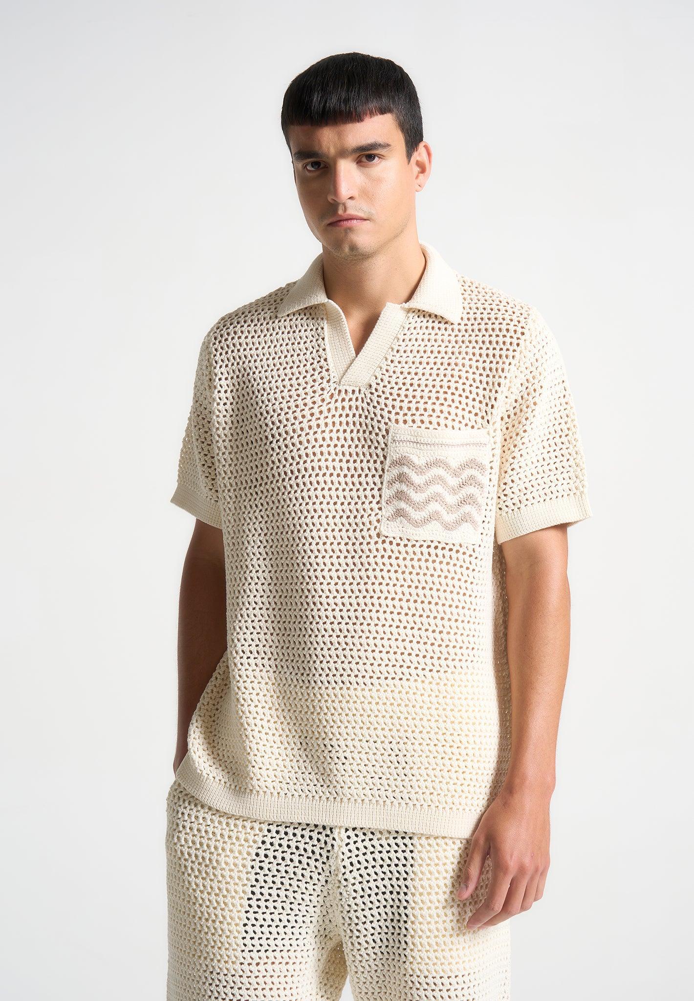 Crochet Knit Polo Shirt  - Cream Male Product Image