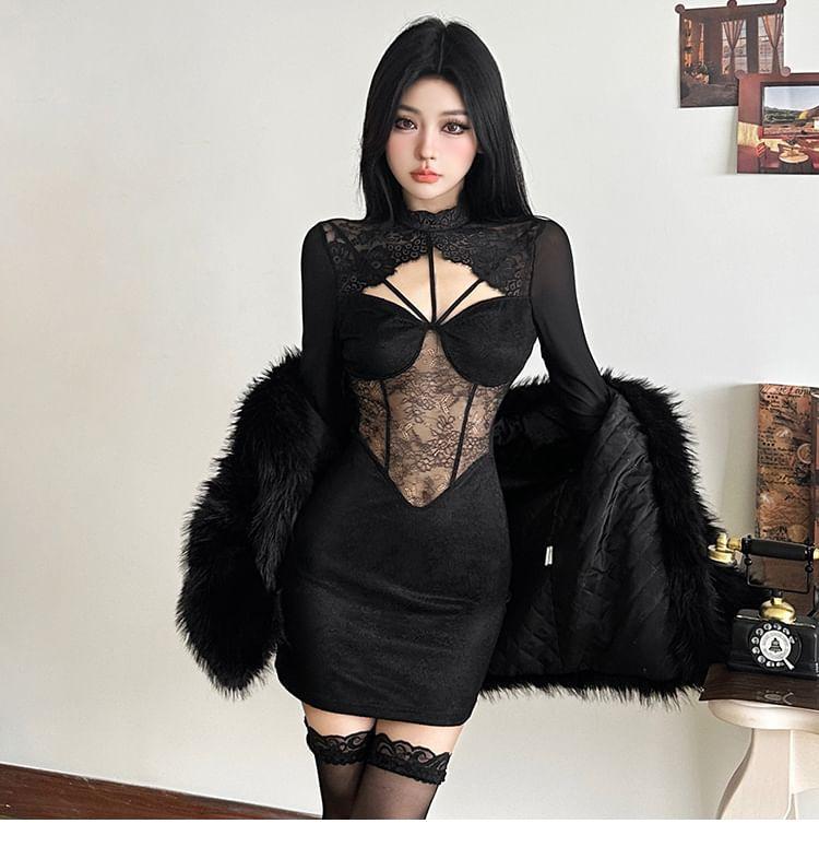 Long-Sleeve Cutout Lace Mini Bodycon Dress Product Image