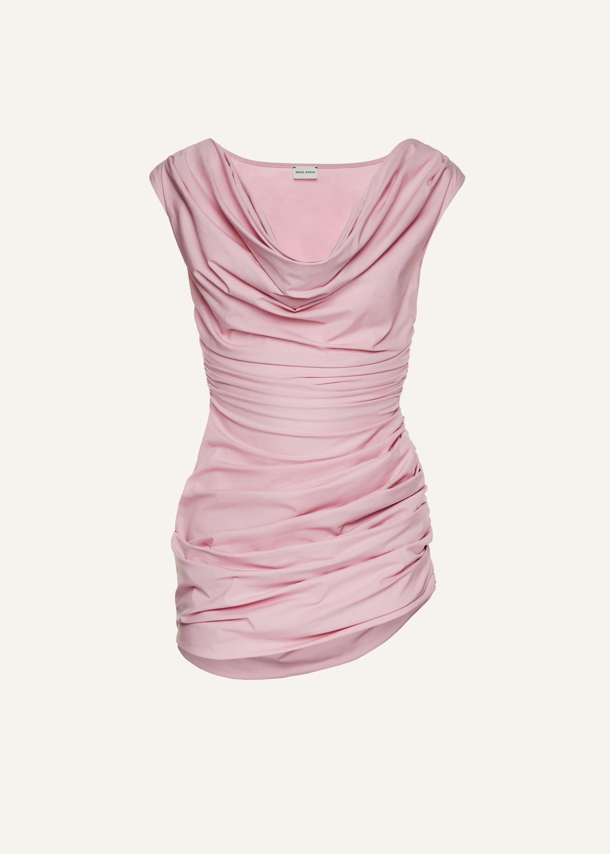 Draped off shoulder cotton mini dress in pink Product Image