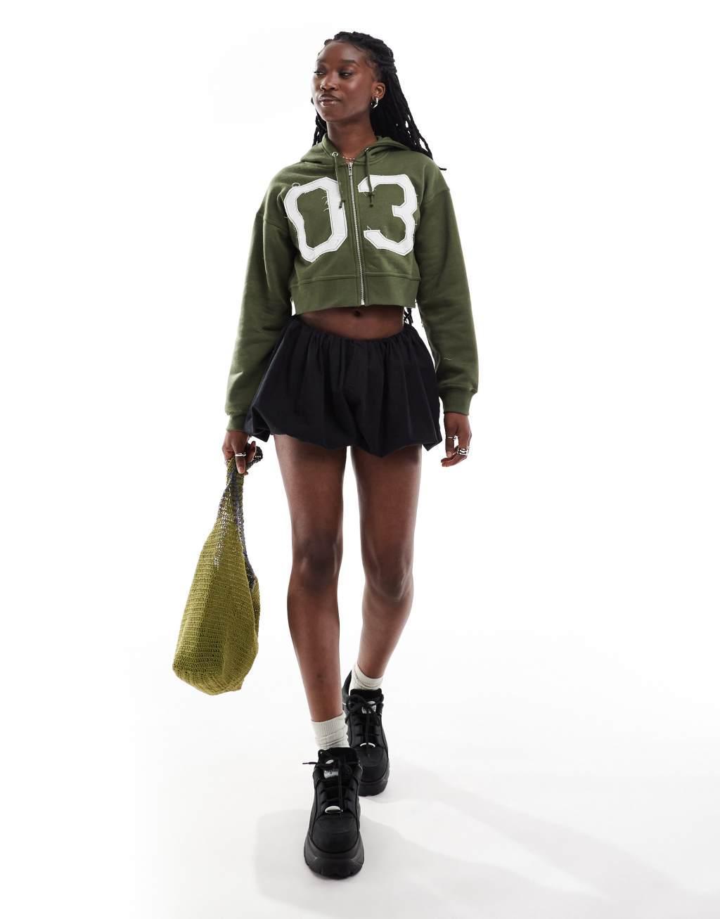 Daisy Street green cropped applique zip up hoodie  Product Image