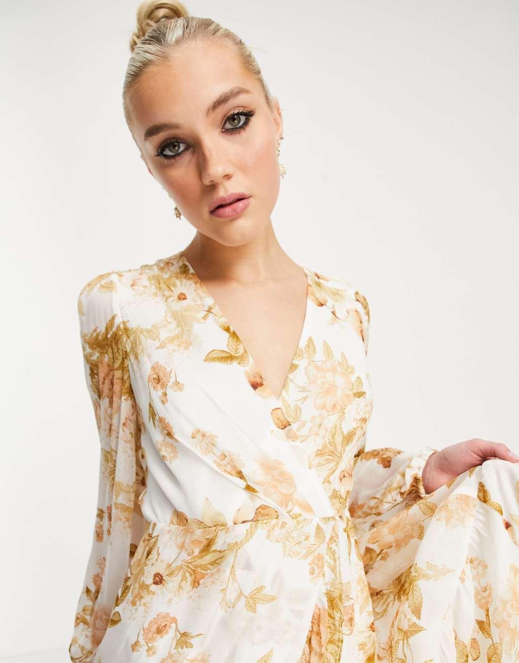 Ever New ruffle wrap midi dress in ivory and gold floral Product Image