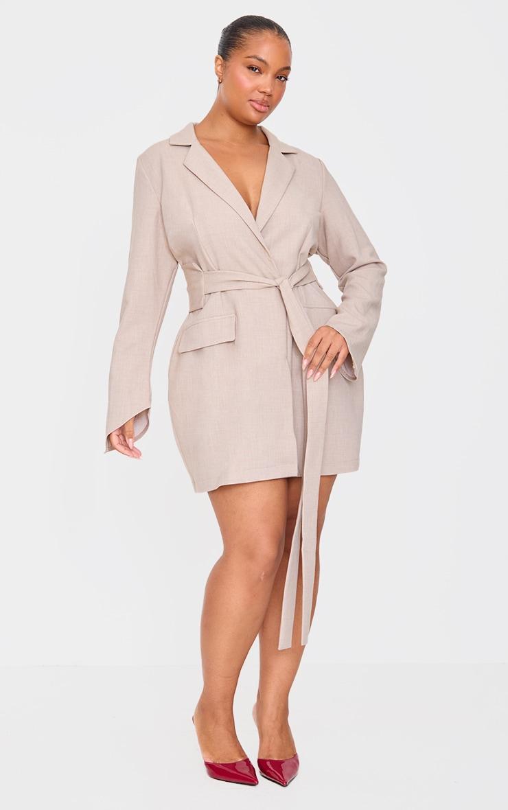 Plus Stone Woven Belted Blazer Dress Product Image