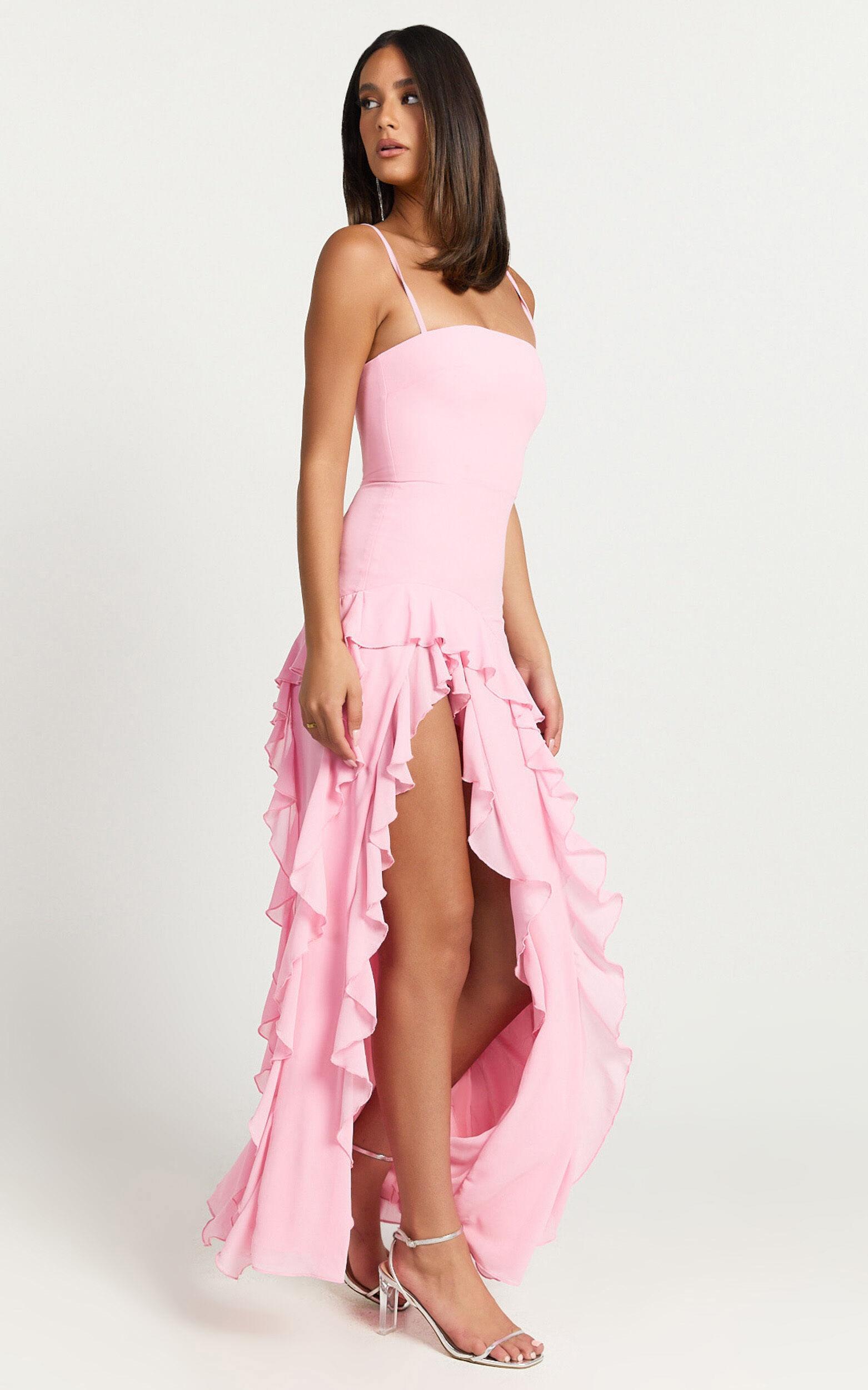 Solange Maxi Dress - Ruffle Hem Strapless Dress in Frost Pink Product Image