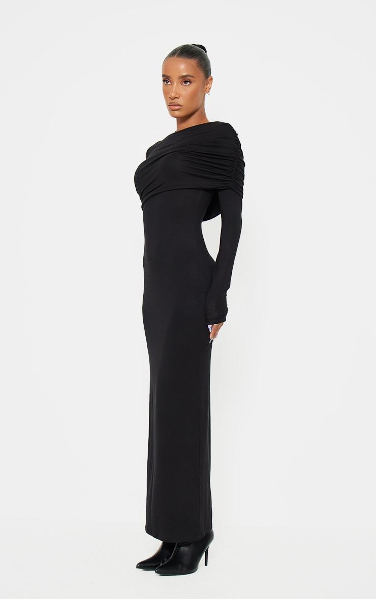 Black Ruched Overlay Long Sleeve Maxi Dress Product Image