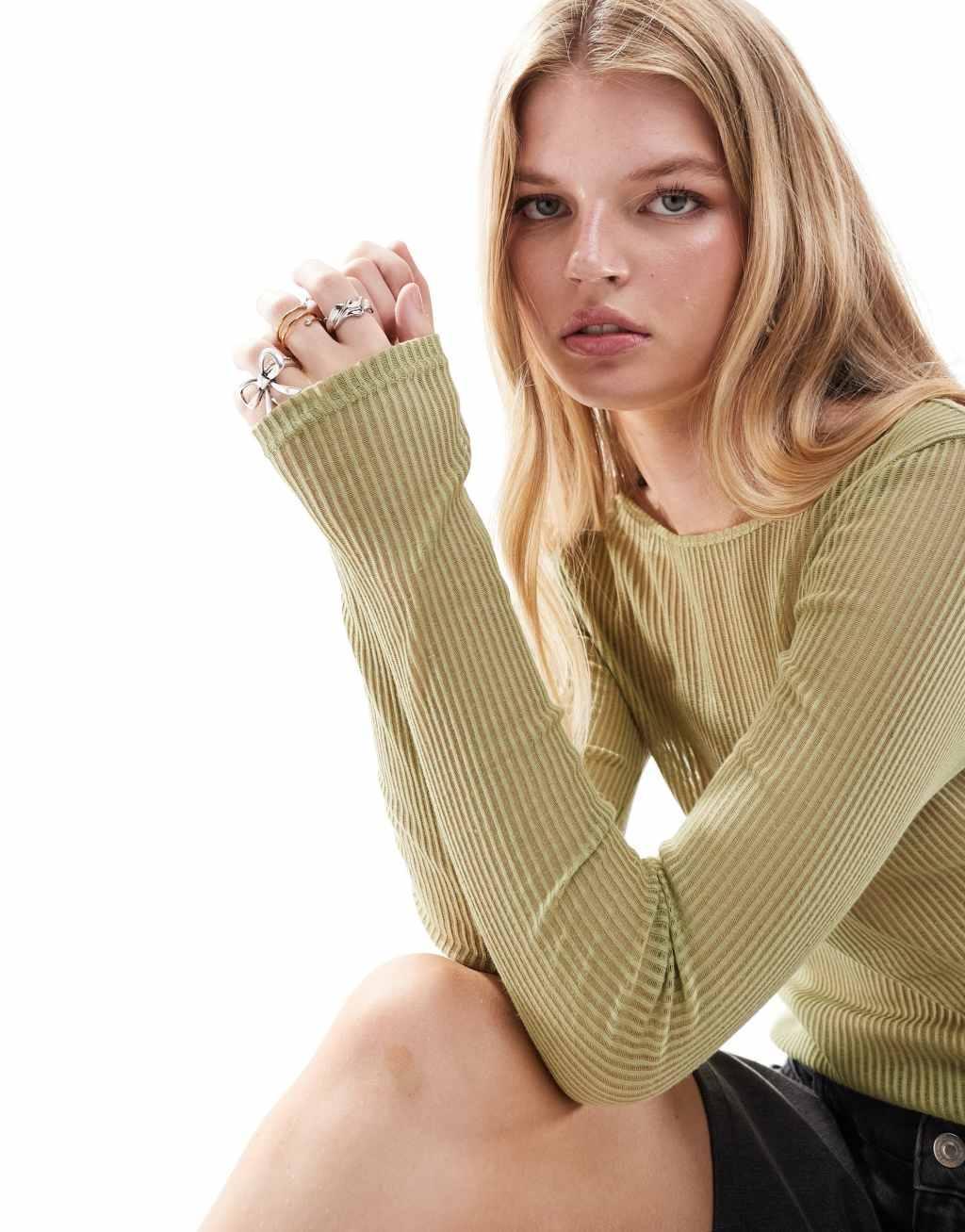 Noisy May long sleeve sheer ribbed top in sage green Product Image