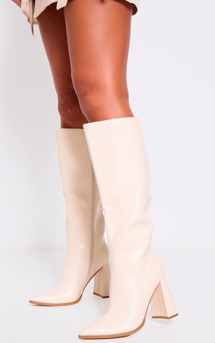 Cream Pu Point Toe Knee High Block Heeled Boots Product Image