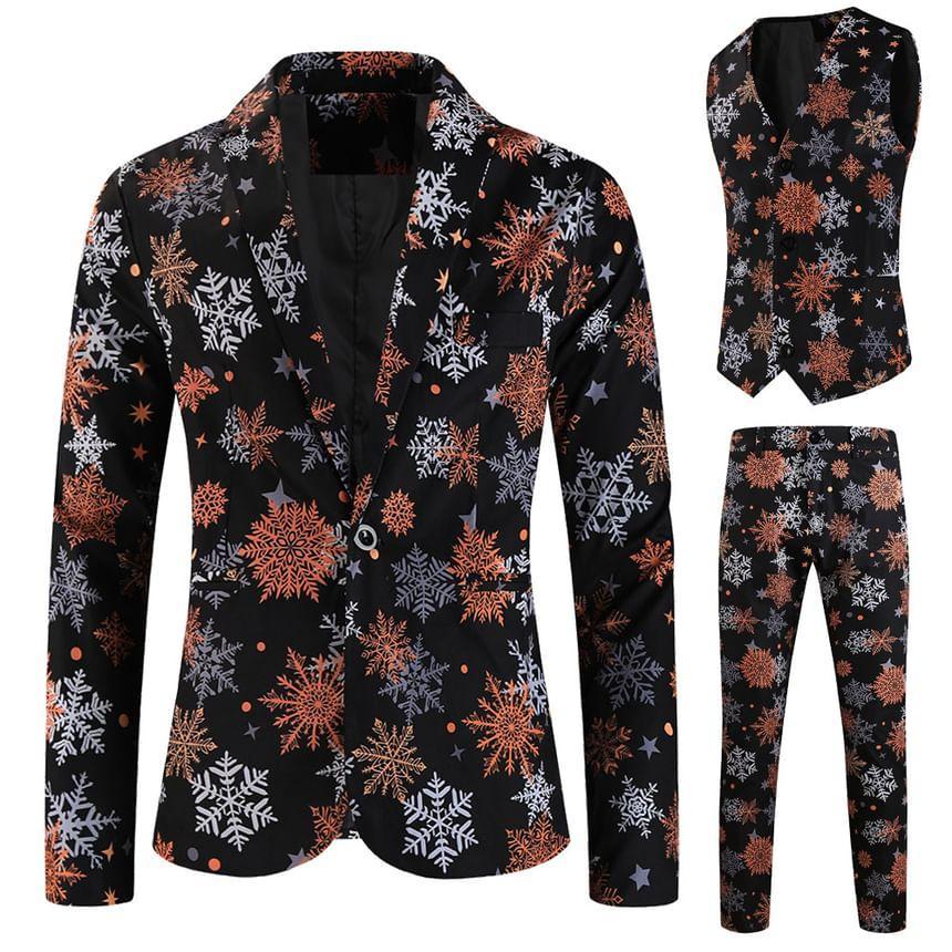 Notch Lapel Christmas Print Single Breasted Blazer / V-Neck Button Vest / Mid Rise Slim Fit Dress Pants / Set Product Image