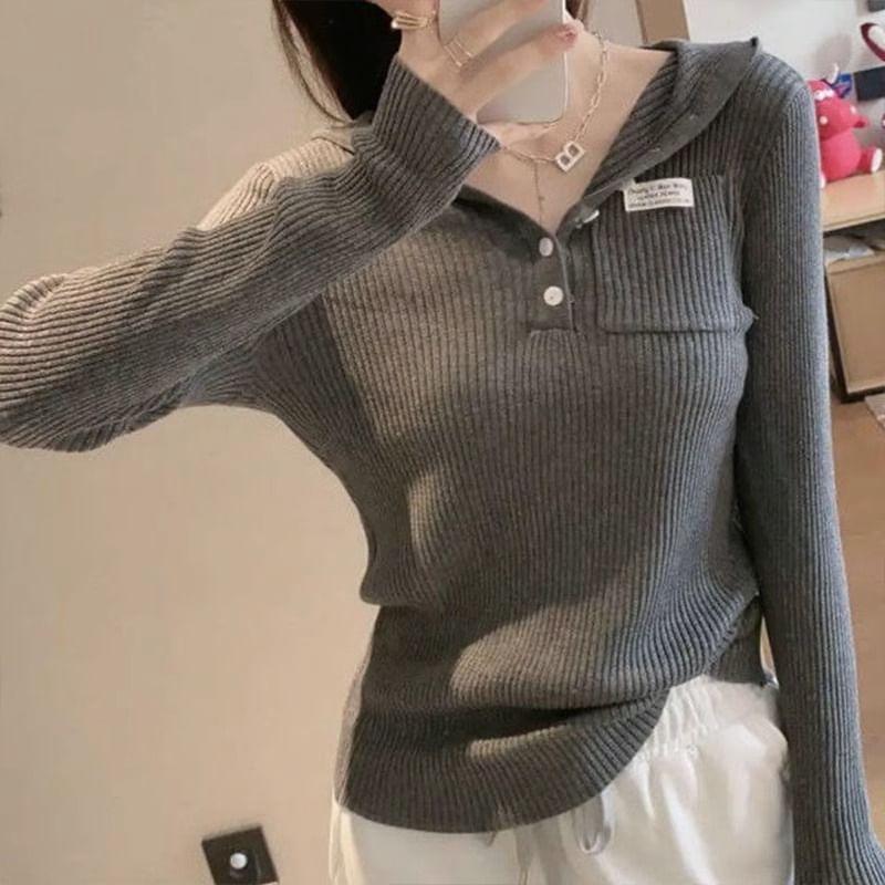 Long-Sleeve Henley Lettering Applique Ribbed Knit Top Product Image