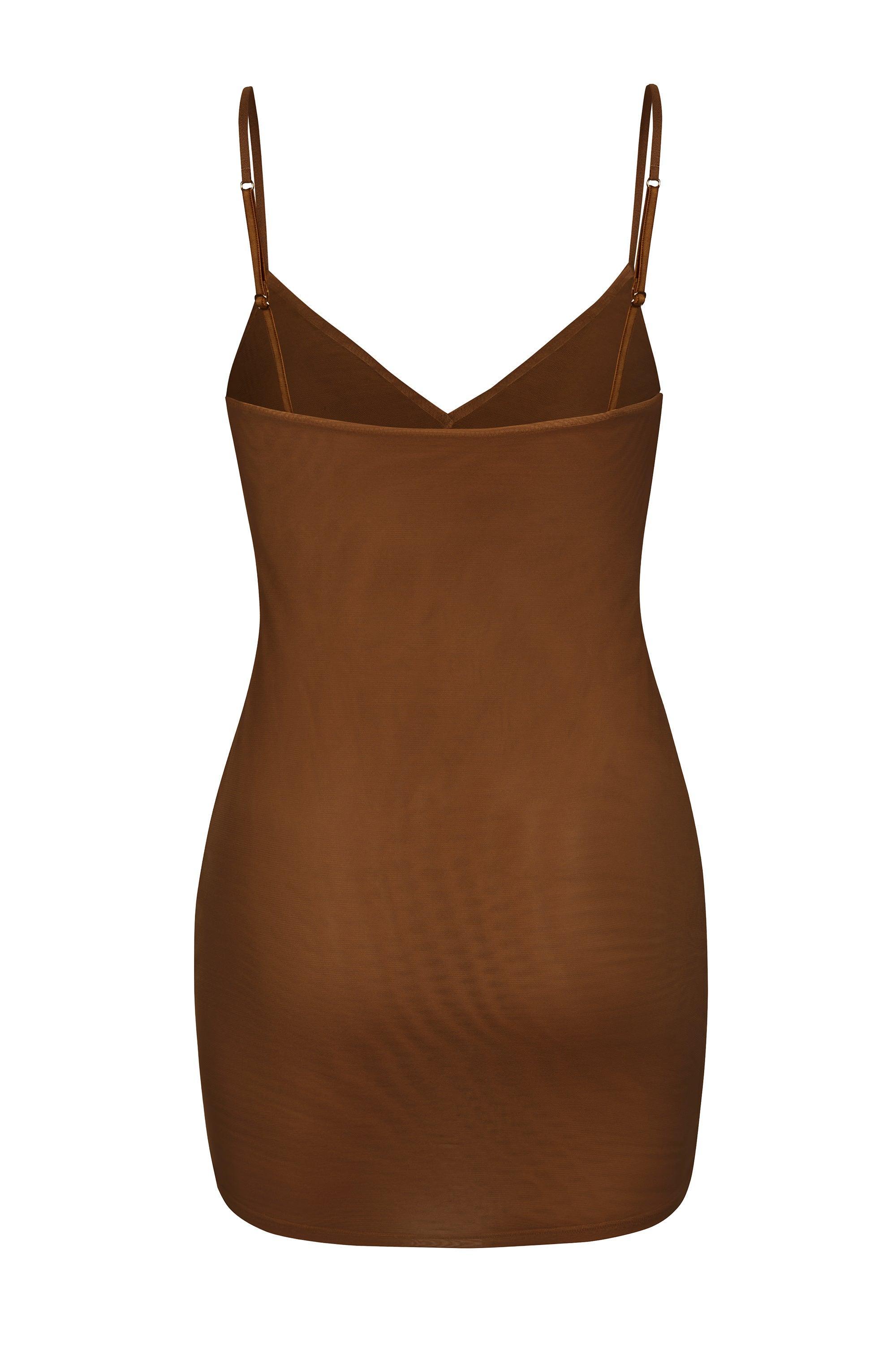 Soft Mesh V-Neck Mini Slip Dress in Chestnut Product Image