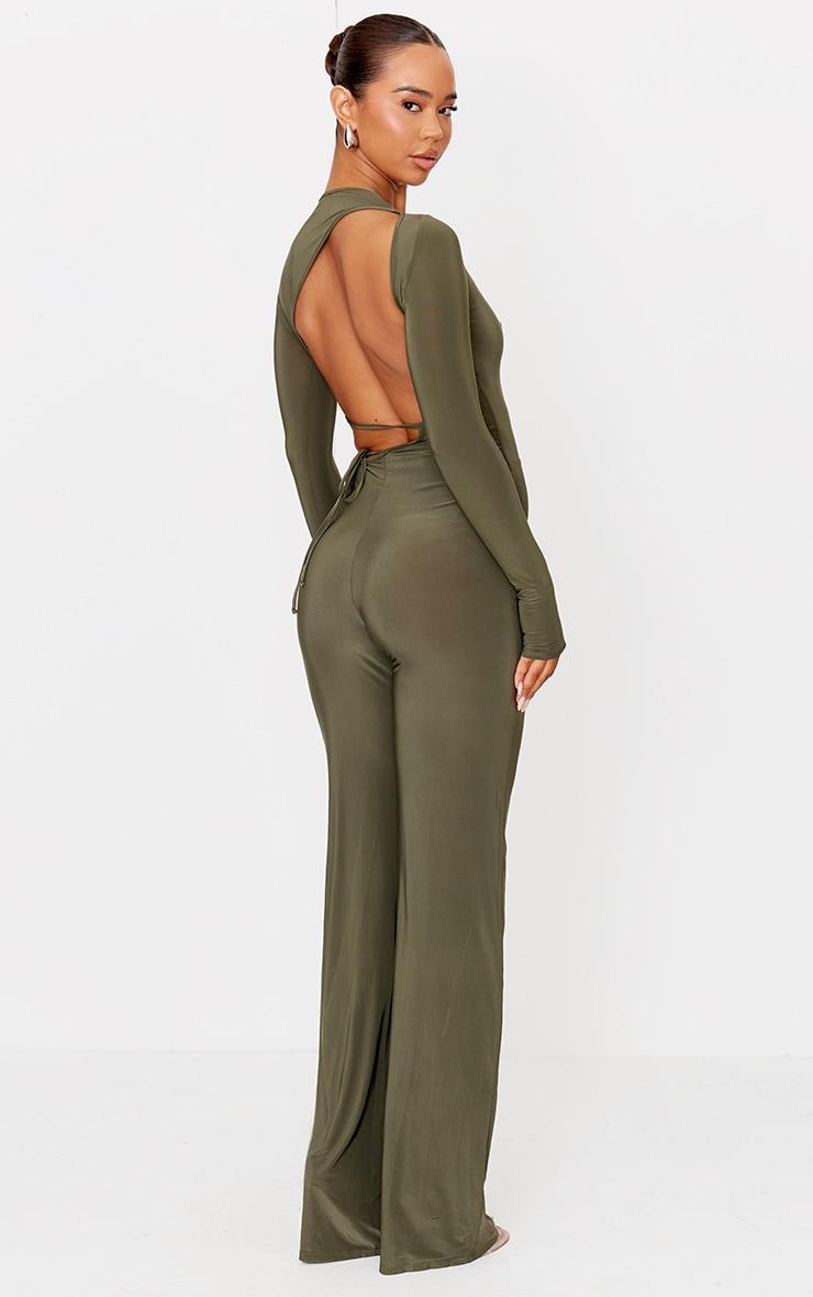 Khaki Slinky Cut Out Back Detail Jumpsuit Product Image