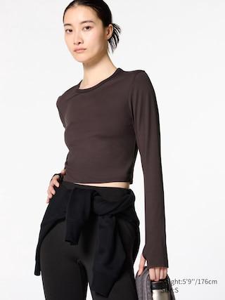 Womens Ultra Stretch Airism Cropped T-Shirt Long Sleeve Dark Brown Large UNIQLO US Product Image