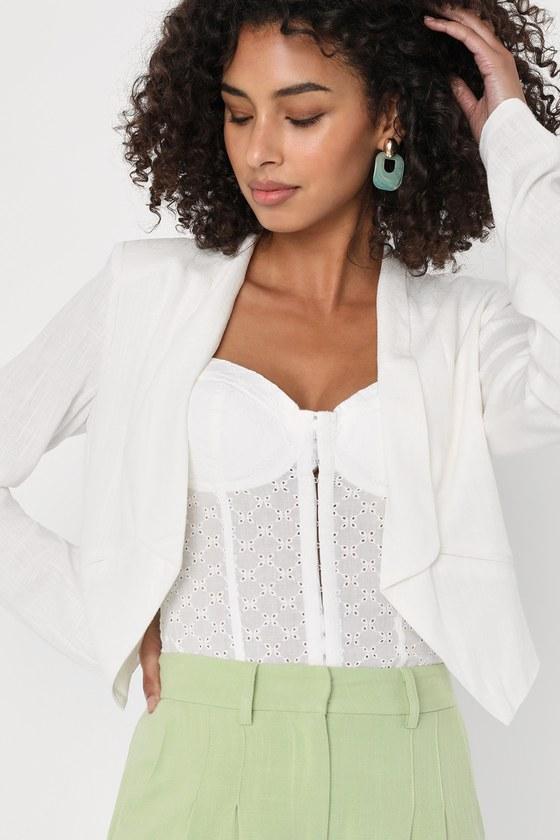 Miss Punctuality Ivory Cropped Lightweight Linen Blazer Product Image