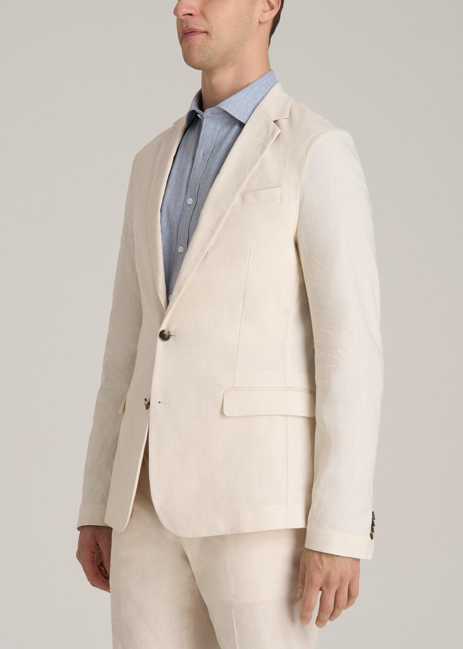 Stretch Linen Blazer for Tall Men in Light Beige Linen Product Image