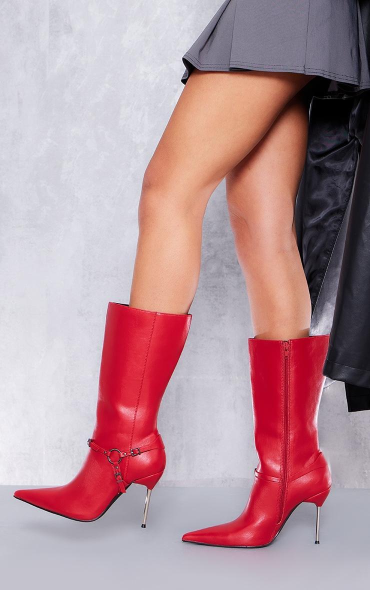 Red Faux Leather Point Toe Buckle Strap Heeled Ankle Boots Product Image