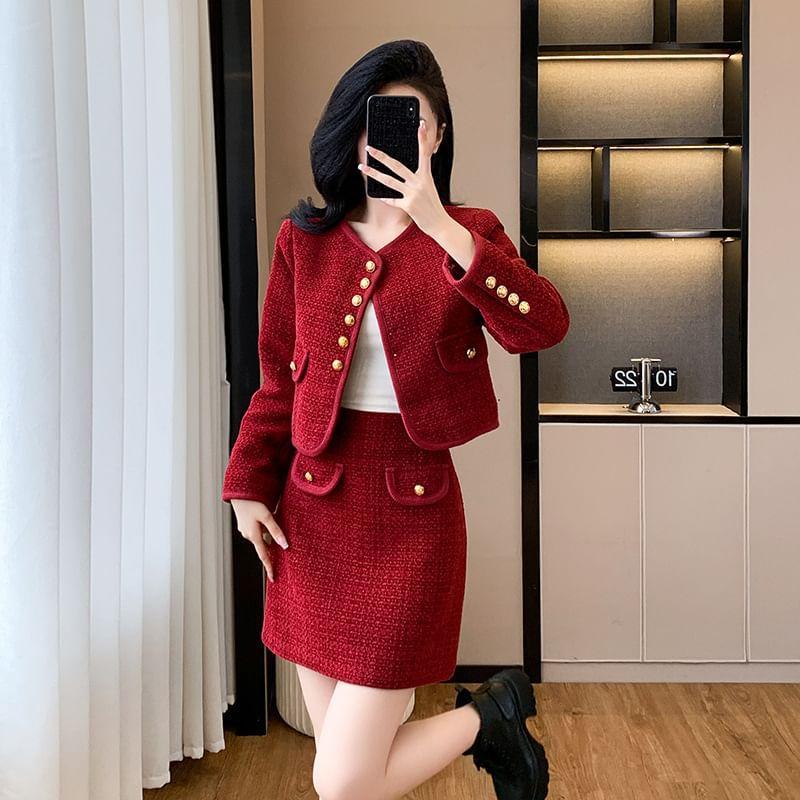 Set: V-Neck Plain Button-Up Tweed Crop Jacket + High Waist Pencil Skirt (Various Designs) Product Image