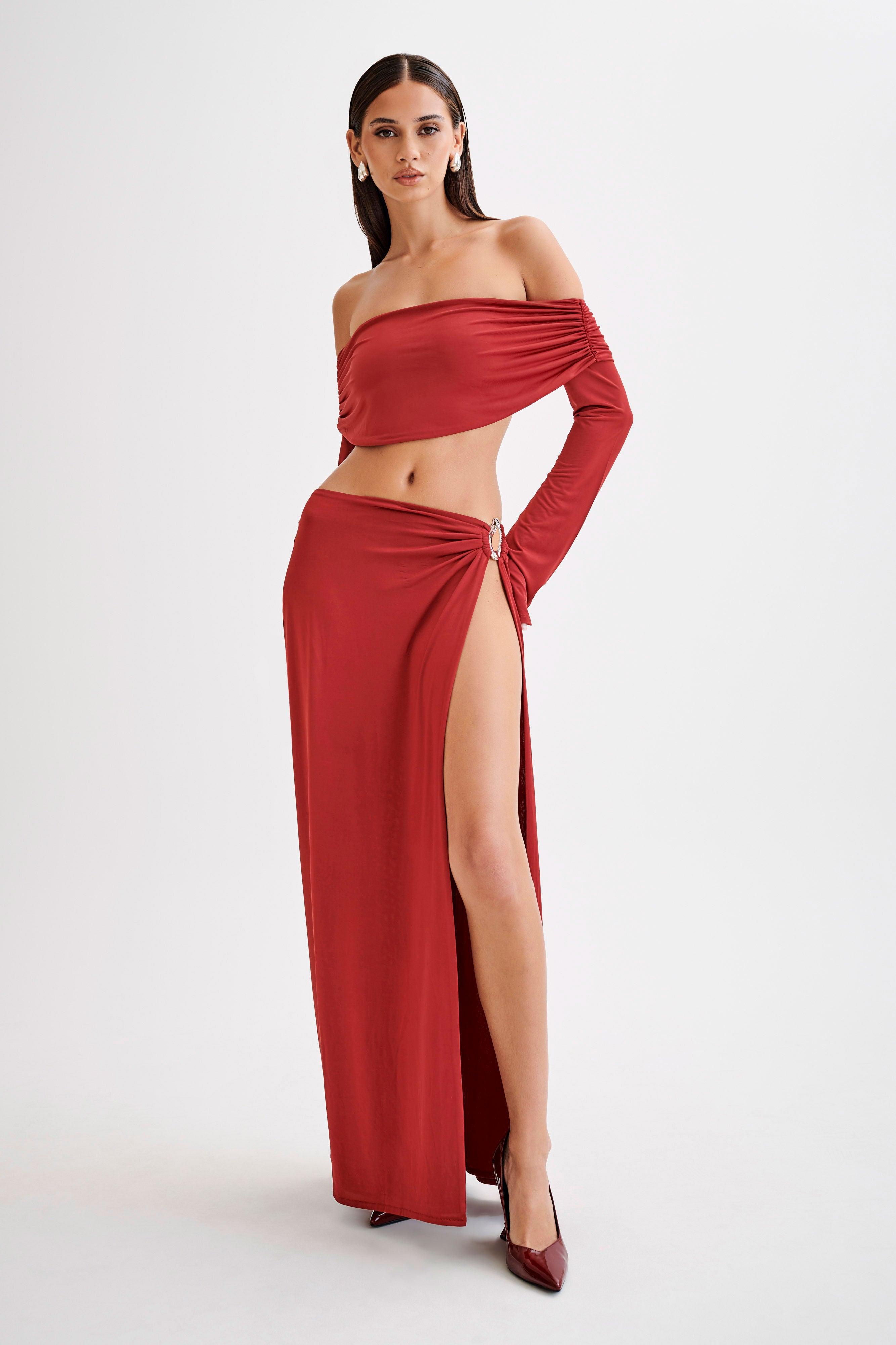 Camryn Slinky Off Shoulder Crop Top - Cherry Red Product Image