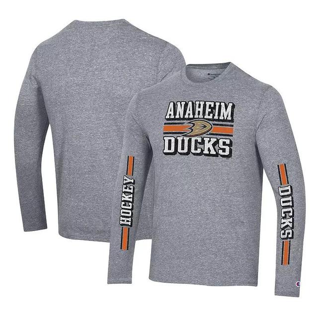 Mens Champion Heather Gray Anaheim Ducks Tri-Blend Dual-Stripe Long Sleeve T-Shirt Product Image