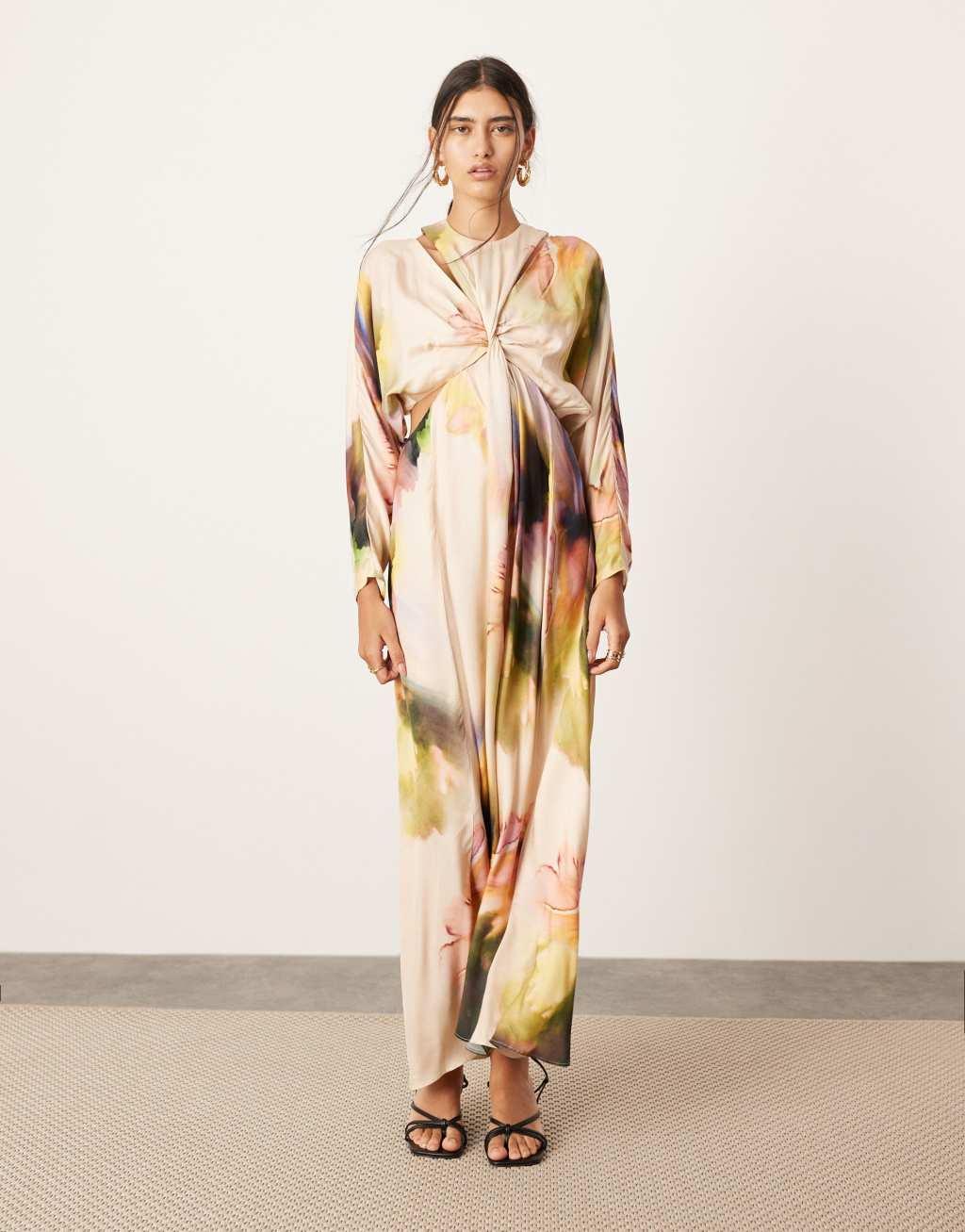 ASOS EDITION satin batwing maxi dress with cut-out detail in pink print Product Image