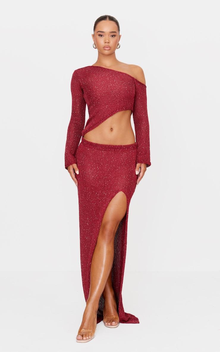 Wine Sequin Knit Side Split Maxi Skirt Product Image