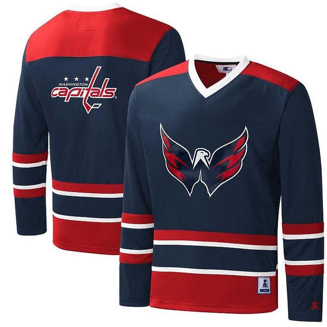 Men's Starter Navy/Red Washington Capitals Cross Check Jersey V-Neck Long Sleeve T-Shirt Product Image