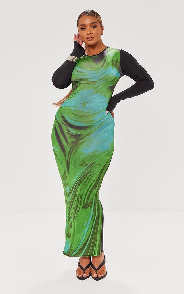 Shape Green Slinky Body Print Long Sleeve Maxi Dress Product Image