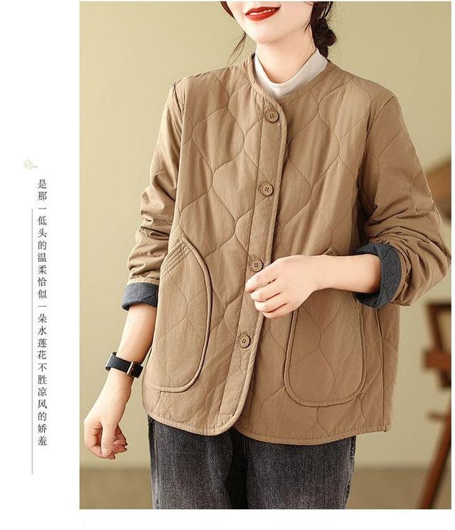 Crew Neck Plain Quilted Button-Up Jacket Product Image