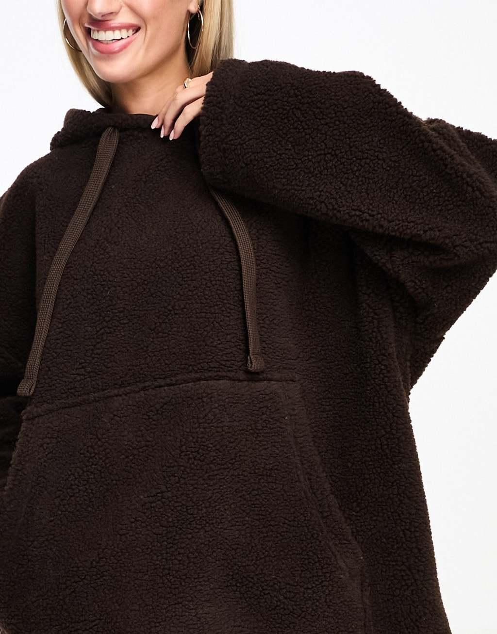 ASOS DESIGN Weekend Collective oversized borg hoodie in chocolate brown Product Image