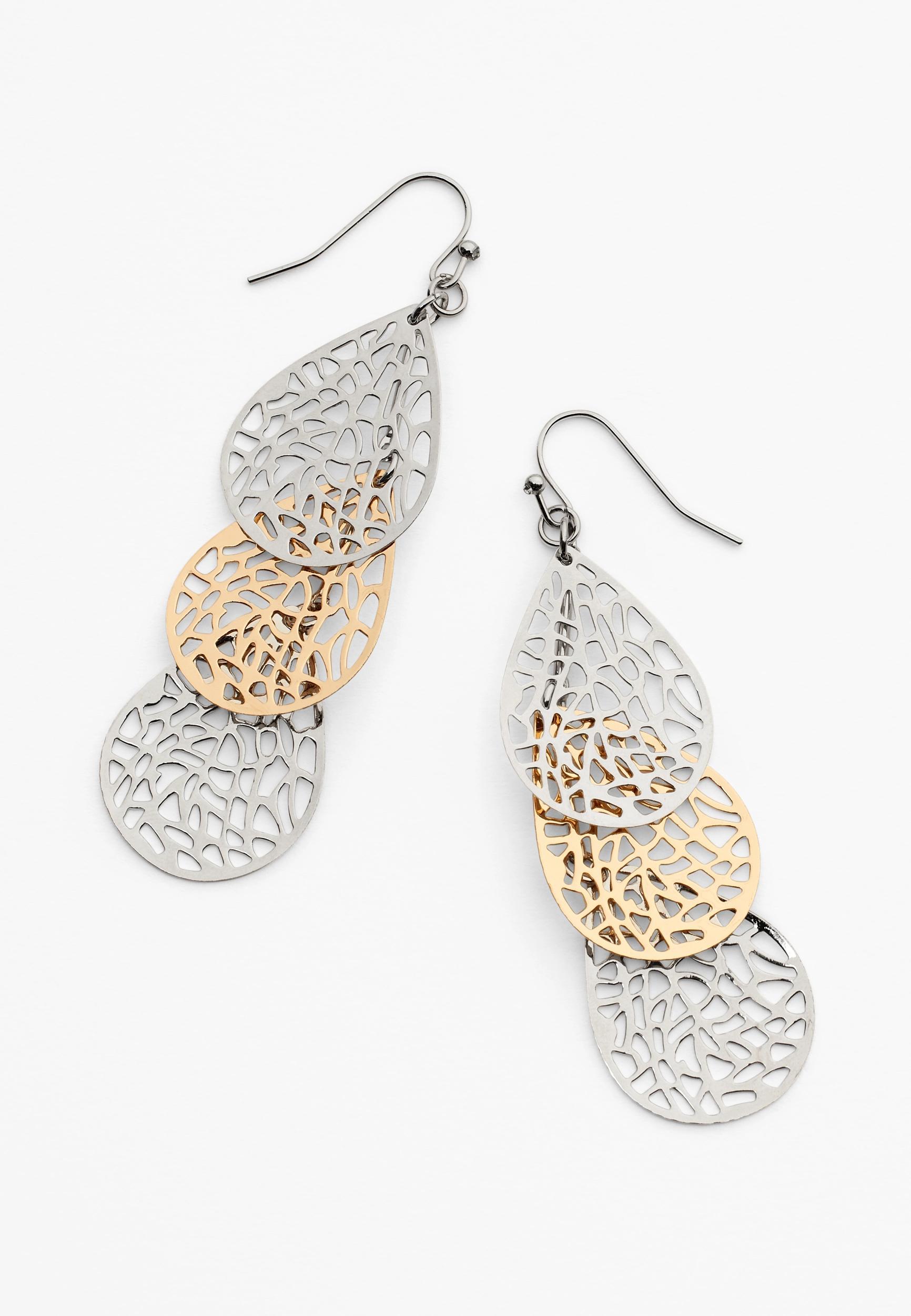 Mixed Metal Layered Filigree Drop Earrings Product Image