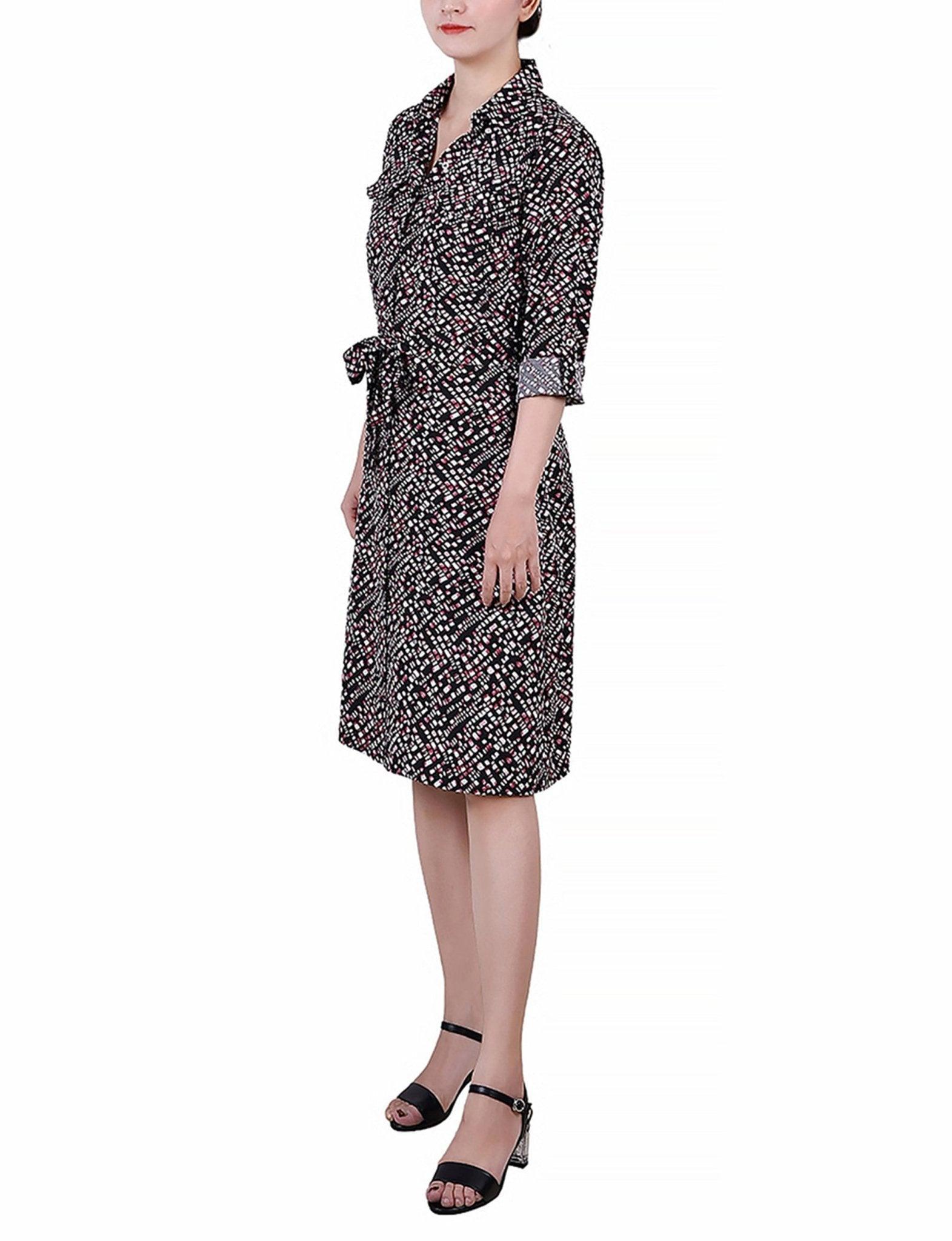 3/4 Roll Tab Sleeve Belted Shirtdress - Petite Product Image